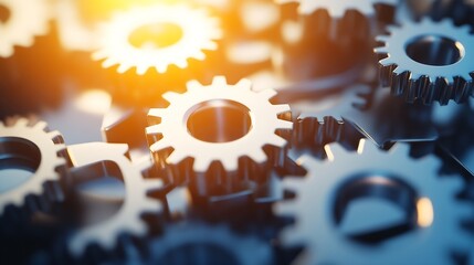 Aufkleber - Close-up view of intricate metal gears interlocked, showcasing precision engineering and complex mechanics.  Illuminated by warm light, the image evokes themes of industry, technology, : Generative AI