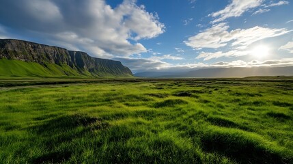 Aufkleber - Vast Icelandic grassland under a bright sky, with a dramatic cliff face rising in the background, bathed in the golden light of the setting sun. : Generative AI