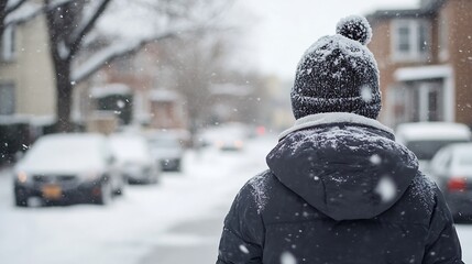 Poster - Person walking away in winter, snow falling, residential street blurred background, winter hat, dark jacket, snowy day. : Generative AI
