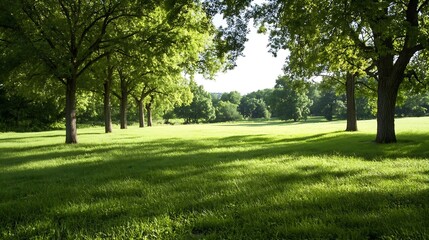 Poster - Sunlit meadow with a row of majestic trees casting long shadows on the vibrant green grass, creating a serene and peaceful natural landscape. : Generative AI
