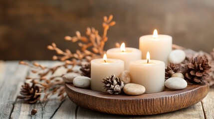 Poster - Four cream-colored candles illuminate a rustic wooden tray, surrounded by smooth stones, pine cones, and dried branches, creating a serene autumnal ambiance. : Generative AI