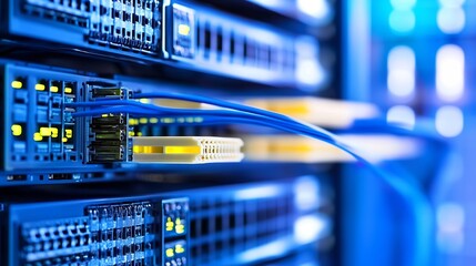 Poster - Close-up view of fiber optic cables connected to a network server rack, showcasing intricate details of data transfer technology. : Generative AI
