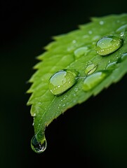 Fototapete - Close-up of dew drops clinging to a vibrant green leaf, reflecting the surrounding environment, a single drop about to fall. : Generative AI