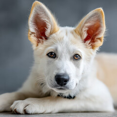 Poster - Adorable white puppy with expressive amber eyes, lying down and looking directly at the camera.  The fluffy fur and large ears are prominent features.