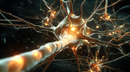 Leinwandbilder - Microscopic view of a neuron, its axon, and dendrites firing, showcasing intricate neural network connections and glowing synapses.  Detailed digital illustration of human nervous system.