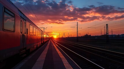 Poster - Passenger train at sunset, reflecting the fiery orange and pink hues of the sky in its windows, stands at a platform beside railway tracks. : Generative AI