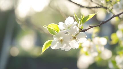 Poster - Close-up of delicate white pear blossoms on a branch, bathed in soft sunlight, with green leaves, creating a serene spring scene. : Generative AI
