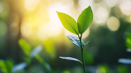 Poster - A vibrant young plant sprout with two fresh green leaves, bathed in warm sunlight, stands out against a softly blurred natural background of green foliage. : Generative AI