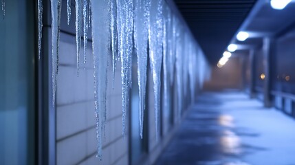 Aufkleber - Numerous icicles hang from a building's edge at night, their translucent forms illuminated by soft blue light, creating a serene winter scene. : Generative AI