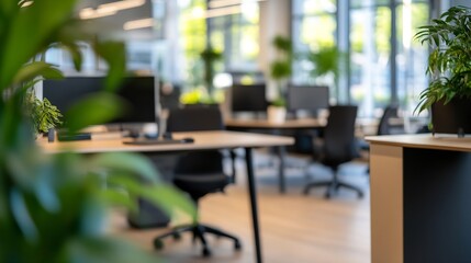 Aufkleber - Modern office interior with blurred view of desks, computers, and green plants, creating a calm and productive workspace atmosphere. : Generative AI