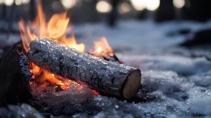 Leinwandbilder - Ice-covered birch log burning in a winter bonfire, flames glowing orange and yellow against snowy ground.  A close-up view of the contrast between fire and ice. : Generative AI