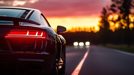 Poster - Black luxury sports coupe driving at sunset, rear view showcasing illuminated taillights, sleek design, and vibrant sky backdrop. : Generative AI