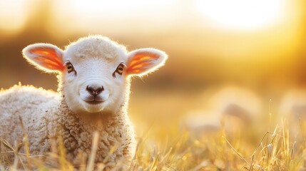Poster - Adorable lamb in golden sunset pasture, fluffy white wool, innocent gaze, peaceful rural scene, springtime imagery. : Generative AI