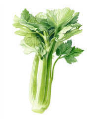Aufkleber - A vibrant watercolor painting of a celery stalk, showcasing its crisp green leaves and textured stem, perfect for culinary or healthy lifestyle themes.