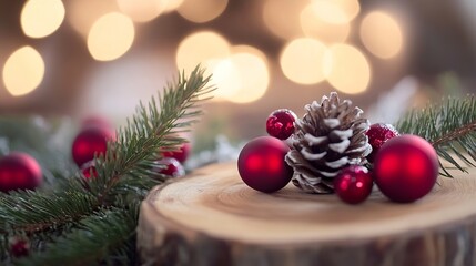Poster - Close-up of red christmas baubles, pine cone, and fir branches on a wooden slice, bokeh lights background. : Generative AI