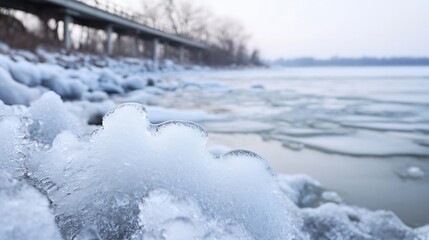 Aufkleber - Close-up of a unique ice formation on a frozen riverbank, with a blurred bridge and winter trees in the background, showcasing the texture and detail of the ice crystals. : Generative AI