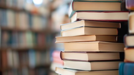 Poster - Close-up view of a stack of hardcover books, showcasing various colors and textures, set against a blurred background of a bookshelf filled with numerous books. : Generative AI