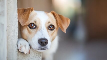 Poster - Adorable Jack Russell Terrier puppy peering from behind a concrete wall, showcasing its captivating brown eyes and fluffy tan and white fur.  The dog's curious expression and soft paws : Generative AI