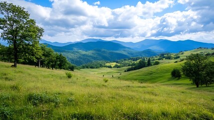 Aufkleber - Serene landscape showcasing rolling green hills, lush meadows, and a majestic mountain range under a partly cloudy sky.  The scene evokes a sense of tranquility and natural beauty. : Generative AI