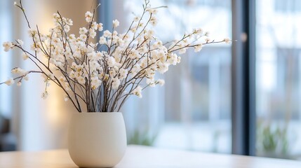 Aufkleber - Delicate white blossoms arranged in a minimalist beige vase, sitting on a light wood table near a blurred window, creating a serene and peaceful atmosphere. : Generative AI