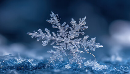 Aufkleber - A single, intricate snowflake rests delicately on a bed of glistening snow, showcasing its crystalline structure and icy beauty against a blurred, cool blue background.
