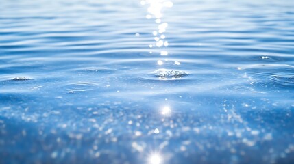 Fototapete - Close-up view of sunlight reflecting on calm, blue water surface with gentle ripples and small bubbles, creating a serene and tranquil scene. : Generative AI