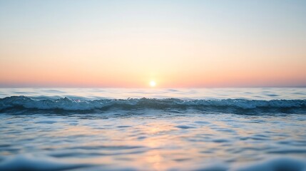 Poster - Serene ocean wave at sunset, soft pastel colors, tranquil water, peaceful beach scene, summer evening, golden hour light reflecting on the sea. : Generative AI