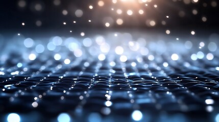 Fototapete - Abstract dark blue water surface with bokeh lights, creating a serene and mysterious atmosphere.  Ideal for backgrounds or design projects needing a sophisticated, elegant feel. : Generative AI