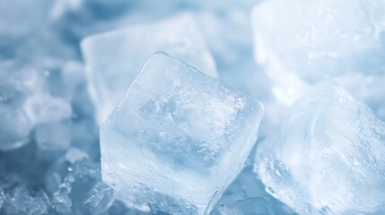 Aufkleber - Close-up view of numerous translucent ice cubes, exhibiting a frosty texture and cool blue hues, creating a refreshing and pristine visual. : Generative AI