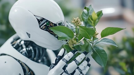 Poster - A futuristic white robot gently interacts with a vibrant green plant, its metallic fingers delicately touching the leaves and buds, showcasing a blend of technology and nature. : Generative AI