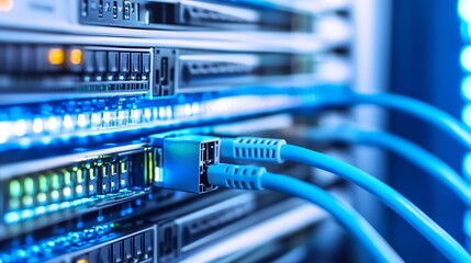Aufkleber - Close-up view of fiber optic cables connected to a server rack, showcasing blue cables and glowing lights, illustrating modern data center technology. : Generative AI