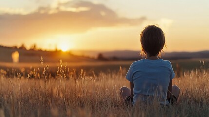 Poster - Silhouette of a child sitting in tall grass, watching a vibrant sunset over a rural landscape. Golden hour light bathes the scene in warm tones, creating a peaceful and contemplative m : Generative AI