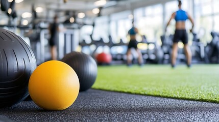 Aufkleber - Close-up of yellow and black medicine balls in a modern gym, with blurred background of people exercising. : Generative AI