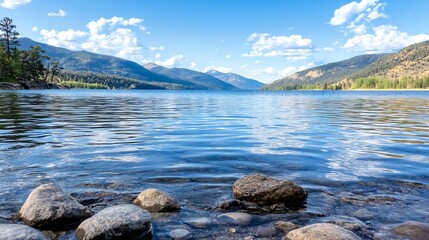 Poster - Serene mountain lake scene with clear blue water, smooth surface reflecting sky, and rocky shoreline; idyllic summer landscape. : Generative AI