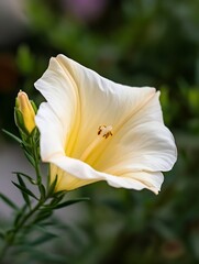 Poster - Close-up of a delicate, creamy-white flower with a yellow center, showcasing intricate petal details and a blurred green background. : Generative AI