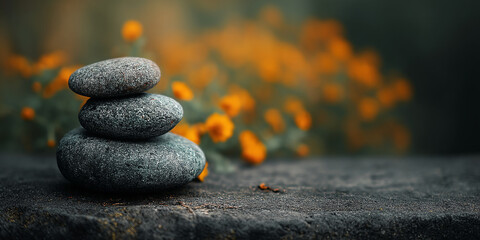 Poster - Three gray stones stacked, blurred orange flowers background, suggesting balance, serenity, and nature's simplicity