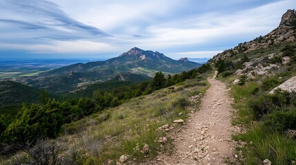 Aufkleber - Scenic mountain trail winding through grassy hills towards a majestic peak under a partly cloudy sky, offering a breathtaking panoramic view of the valley below. : Generative AI