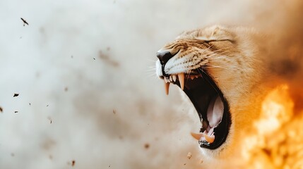 Poster - Fierce lioness roaring, mouth open, showing teeth, surrounded by dust and fire, intense expression, wildlife, predator, power, majestic, wild cat. : Generative AI