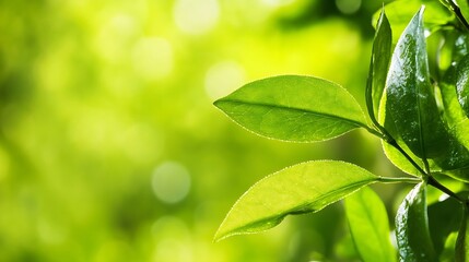 Poster - Close-up of vibrant green leaves glistening in sunlight, showcasing intricate leaf veins and a bokeh background of soft green hues. : Generative AI