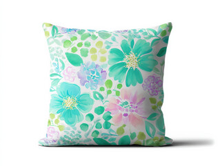 Aufkleber - Watercolor floral pillow cover design featuring teal, pink, and purple flowers on a white background, perfect for home decor and adding a touch of spring.