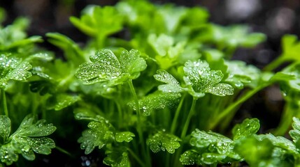 Aufkleber - Close-up view of vibrant green parsley leaves glistening with morning dew, showcasing their intricate texture and natural beauty. : Generative AI