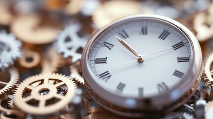 Leinwandbilder - Close-up of a classic pocket watch with roman numerals, nestled amongst intricate golden gears, suggesting the passage of time and precision mechanics. : Generative AI