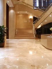 Aufkleber - Modern building interior with beige marble floor and elegant glass staircase, showcasing contemporary architecture and design. : Generative AI