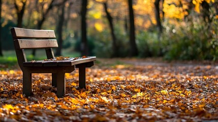 Poster - A solitary wooden bench sits in a park covered with autumn leaves, bathed in the warm golden light of the setting sun, creating a peaceful and serene atmosphere. : Generative AI