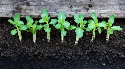 Poster - Seven young radish seedlings emerge from dark soil, their vibrant green leaves contrasting against a weathered gray wooden plank. : Generative AI