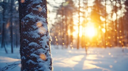 Poster - Close-up of snow-covered tree trunk in a winter forest, sun rays filtering through the trees, creating a magical, warm atmosphere. : Generative AI