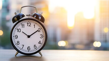 Aufkleber - Classic black alarm clock on wooden surface, city bokeh background, sunrise or sunset light, time management concept. : Generative AI
