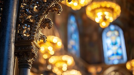 Poster - Ornate gilded column detail in a church interior, showcasing intricate carvings and warm lighting from nearby chandeliers. The background features blurred stained glass and ambient glo : Generative AI