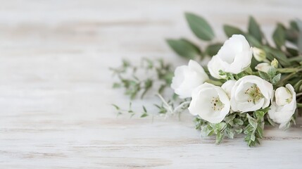 Poster - Delicate white flowers arranged on a rustic white wooden surface, creating a serene and elegant floral composition. : Generative AI
