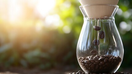 Poster - Roasted coffee beans falling into a glass decanter, sunlight through leaves, preparing morning coffee. : Generative AI
